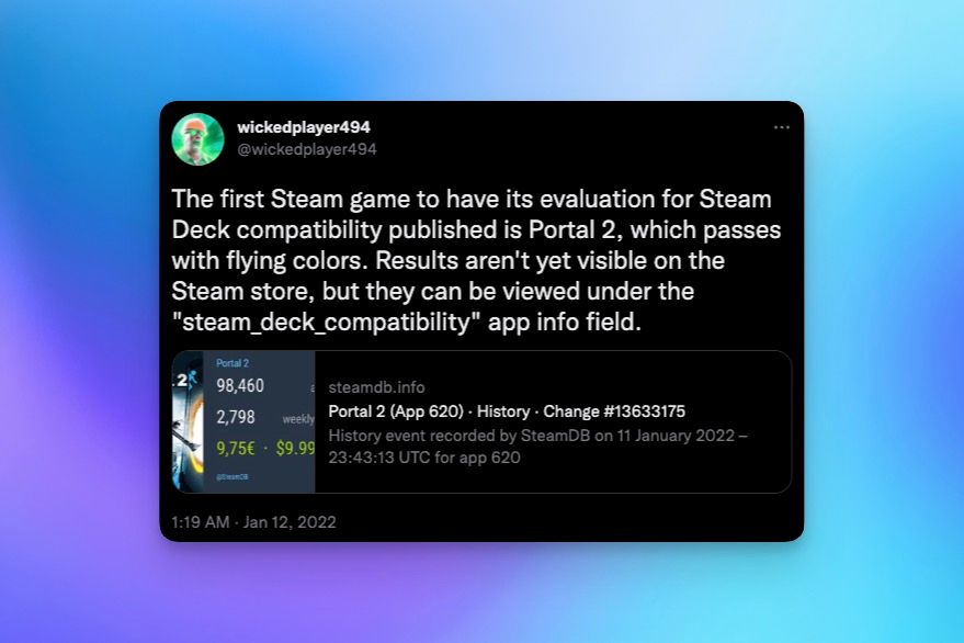 Tweet detailing that Portal 2 is first game marked as Steam Deck compatible