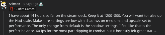 Remnant II discussion — Screenshot reading: "I have about 14 hours so far on the steam deck. Keep it at 1200×800, You will want to raise up the Hud scale. Make sure settings are low with shadows on medium, and upscale set to performance. The only change from default is the shadow settings. I feel like that is the perfect balance. 60 fps for the most part dipping in combat but it honestly felt great IMHO."