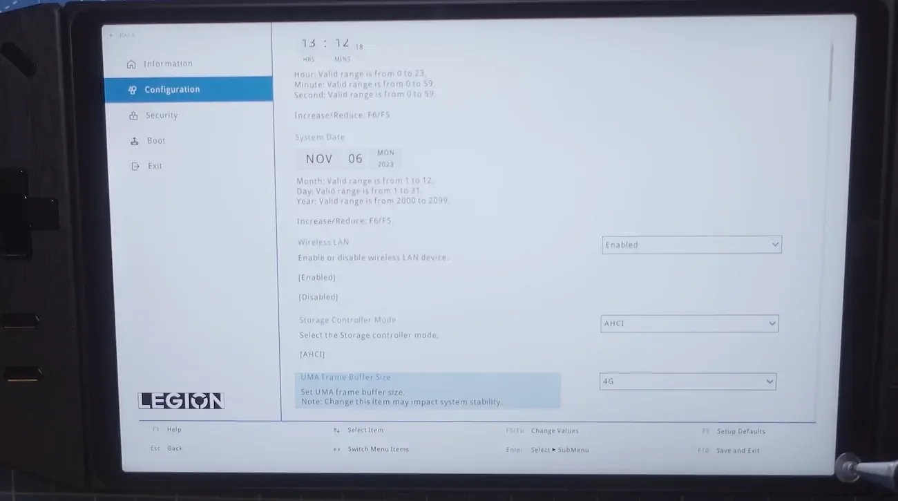 Configuration screen on the Lenovo Legion GO