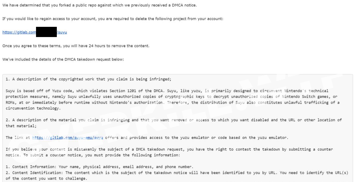 The DMCA notice sent to Suyu